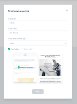 Systeme.io newsletter builder showing template selection options and email editor interface