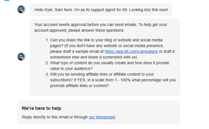 ConvertKit AI support agent Sam asking account approval questions about website, content type, and affiliate links after account was paused