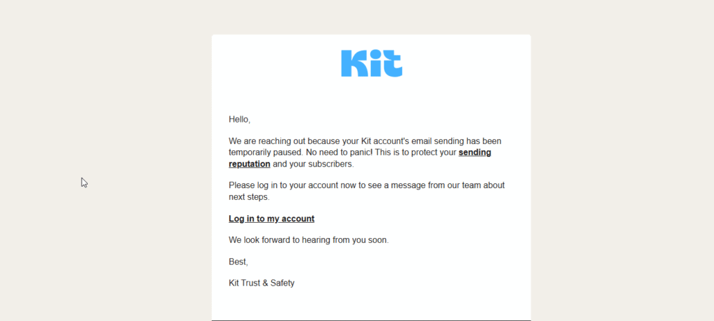 ConvertKit email notification stating account email sending has been temporarily paused to protect sending reputation with message from Kit Trust and Safety team