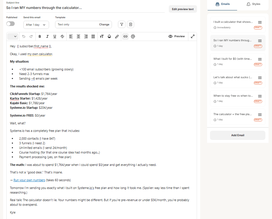ConvertKit email sequence editor displaying pricing comparison email with 6-email series listed on right sidebar showing 1-day delays between emails
