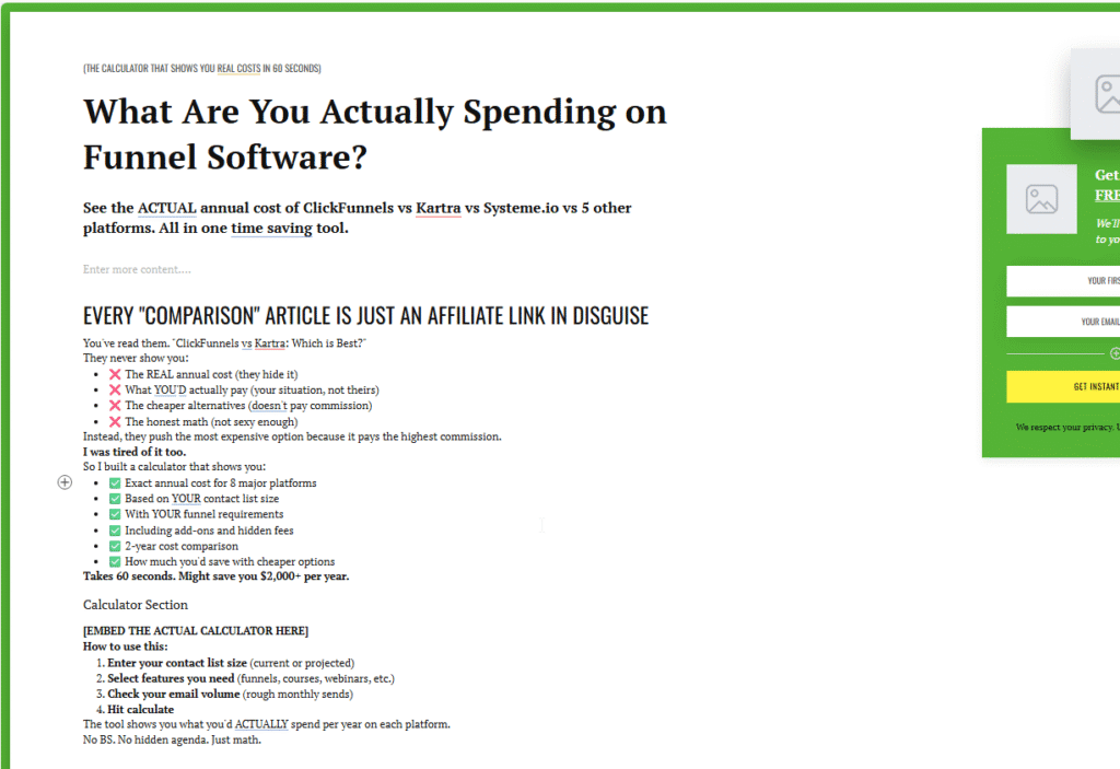 ConvertKit landing page editor displaying pricing calculator page with headline "What Are You Actually Spending on Funnel Software" and comparison article critique section