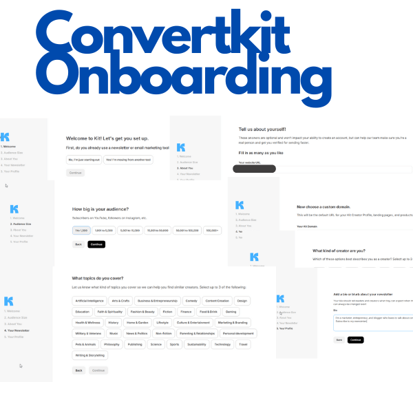 Collage of ConvertKit onboarding screens showing multiple questions about audience size, content topics, creator domain setup, newsletter subscribers, and creator type during account setup