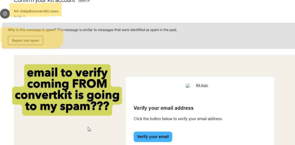 ConvertKit email verification message flagged as spam in Gmail inbox with yellow warning banner