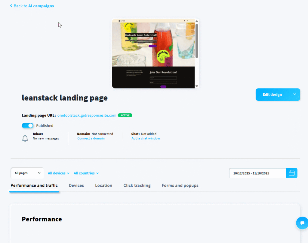 GetResponse AI-generated landing page for OneToolStack showing beverage imagery with "Unleash Your Potential" headline and email capture form, marked as active and published