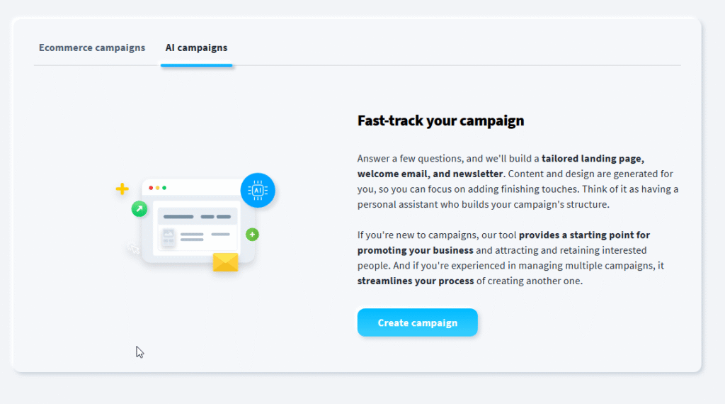 GetResponse AI campaign builder interface showing "Fast-track your campaign" with promise to build tailored landing page, welcome email, and newsletter automatically