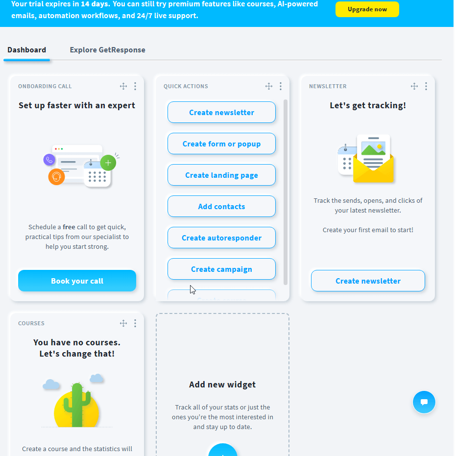 GetResponse customizable dashboard showing multiple analytics widgets including landing page performance, workflow tracking, conversion funnels, course enrollments, and revenue metrics