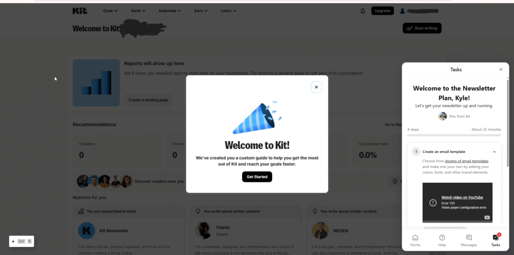 ConvertKit dashboard showing Welcome to Kit popup modal with party hat emoji, tasks panel on right, and navigation menu with Grow, Send, Automate, Earn, Learn sections