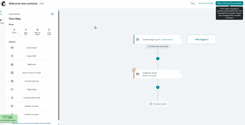 Mailchimp automation builder interface showing flow map with welcome email sequence but tooltip in top right states you need to upgrade to activate automation - free plan lets you build but not deploy