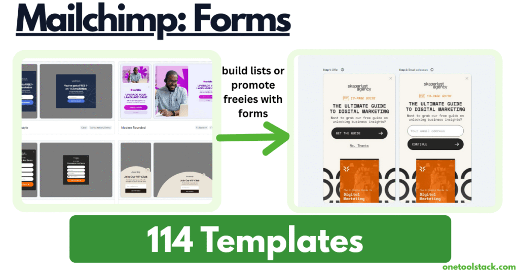 Mailchimp forms and popups template gallery showing 114 templates including embedded forms, slide-ins, and popup modals with various designs for building email lists