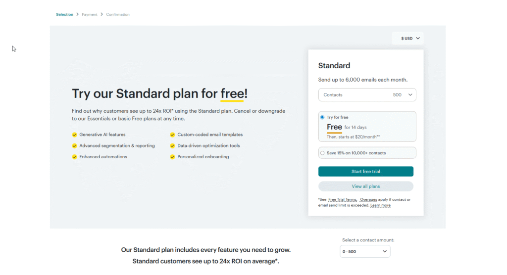 Mailchimp onboarding upsell screen showing Try our Standard plan for free with prominent Start free trial button while continue free option is buried below