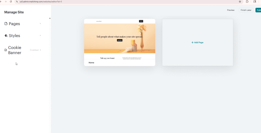 Mailchimp website builder showing the single starter template with orange peach color scheme, flower vases, and generic placeholder text Tell people about what makes your site special