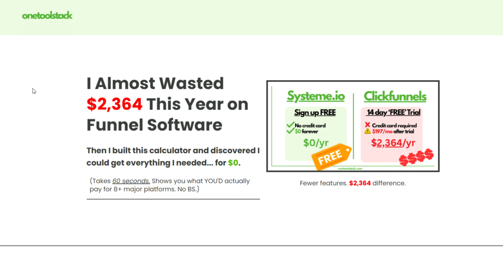 Systeme.io landing page showing pricing calculator funnel with headline "I Almost Wasted $2,364" and Systeme.io vs ClickFunnels comparison graphic